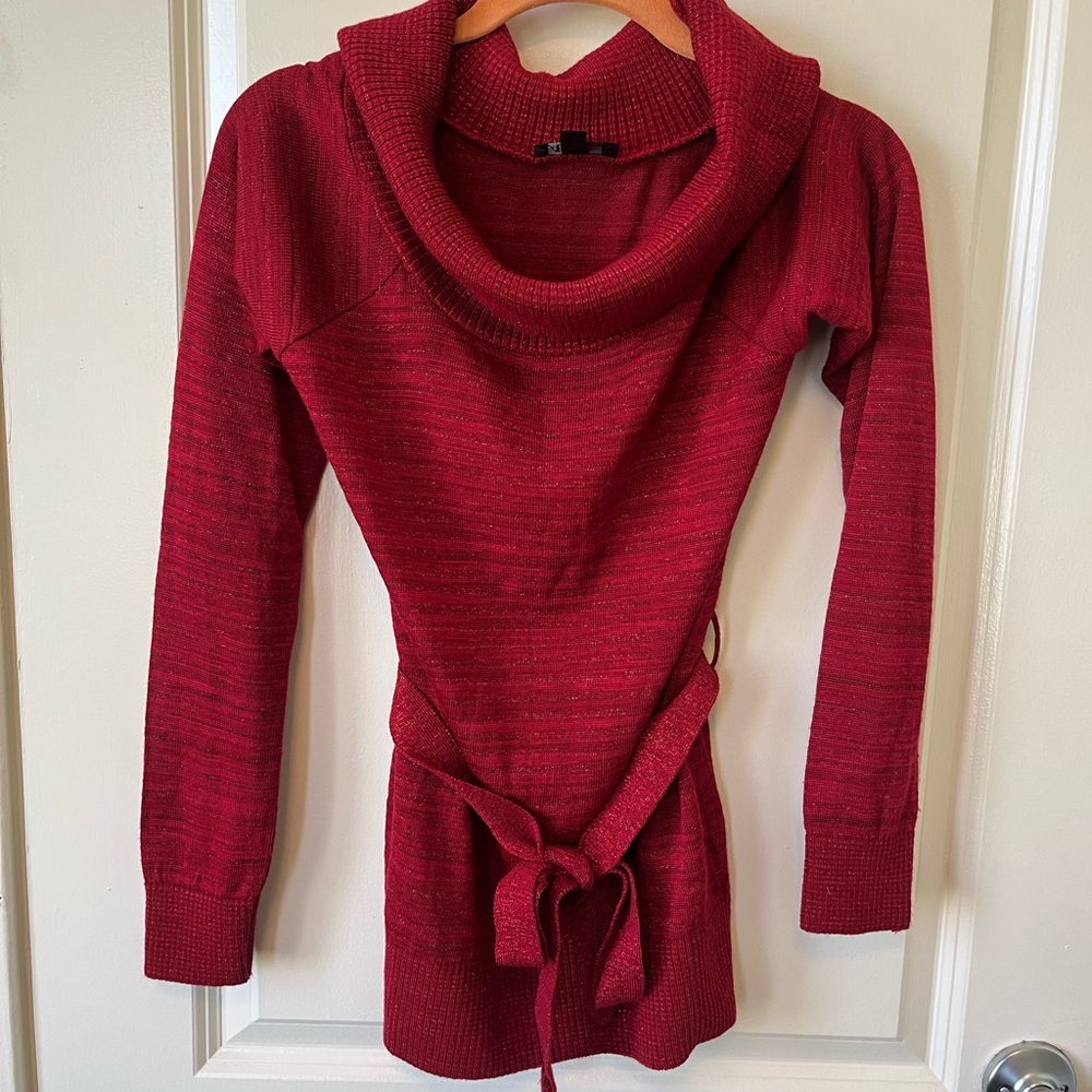 AB Studio Red Cowl Neck Belted Sweater